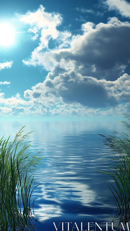 Sunlit lake surface mirrors clouds under clear summer sky