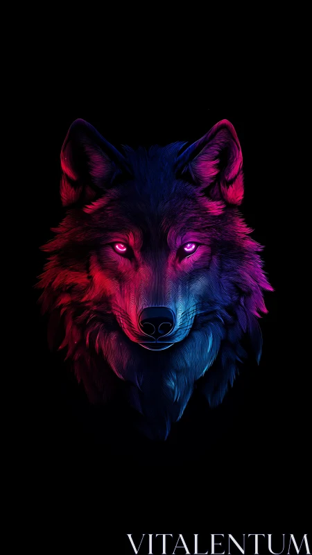 Neon wolf portrait glowing in vivid duotone light.