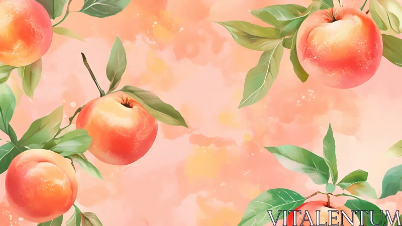 Watercolor peach branches on soft pastel background.