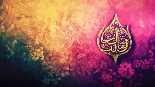Arabic calligraphy emblem on textured floral gradient field.