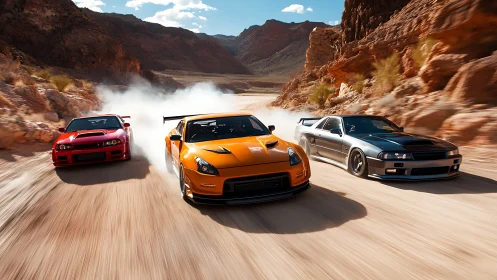 Tri-car canyon sprint with synchronized high-speed drift dynamics.
