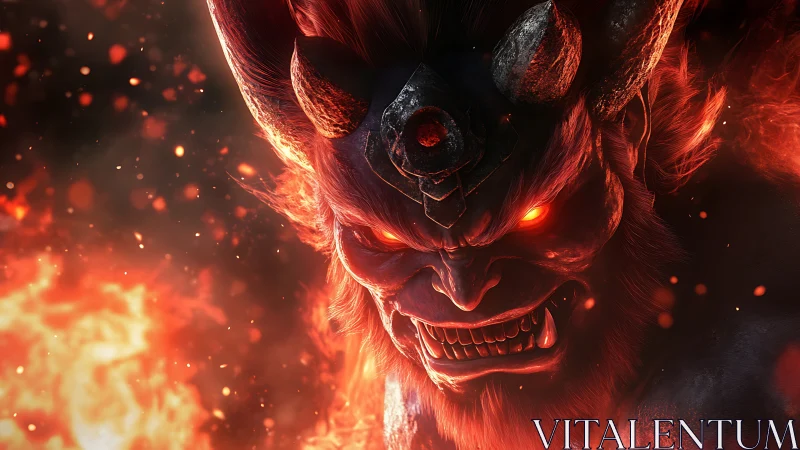 Demonic horned creature glares forward with fiery intensity