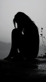 Quiet silhouette rests alone beside a calm, misty shoreline