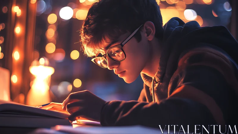 Focused student studies by warm fairy lights at night