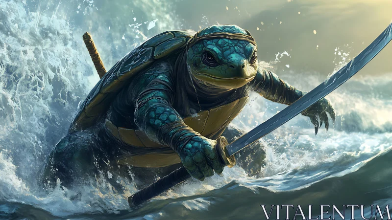 Armored turtle warrior with katana in stormy surf.