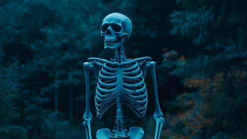 Luminous human skeleton model isolated in cool-toned forest night