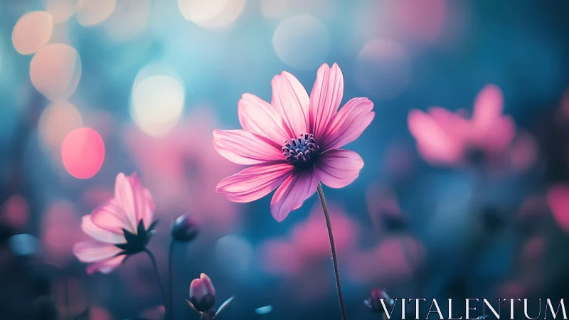 Pink Cosmos Flowers Against Blurred Blue Background.