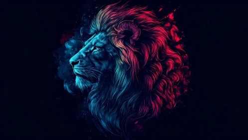 Neon duotone lion portrait with dynamic brushwork and rim lighting