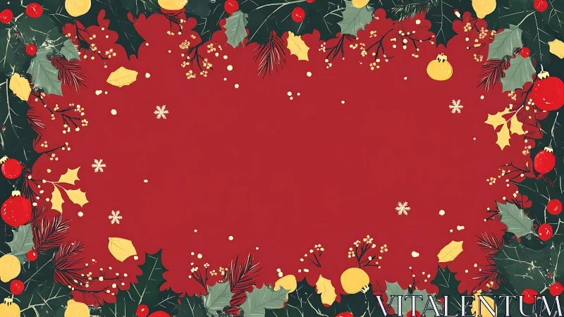 Symmetric red holiday frame with stylized foliage and bauble accents