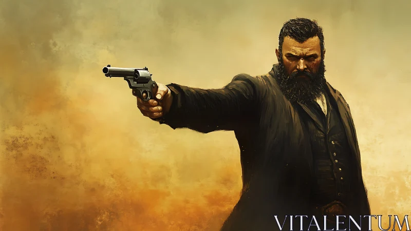 Bearded gunslinger aims forward against a dusty backdrop.