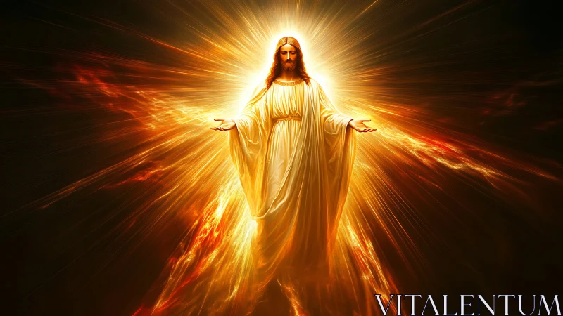 Radiant robed figure walking from a sunburst of golden light.