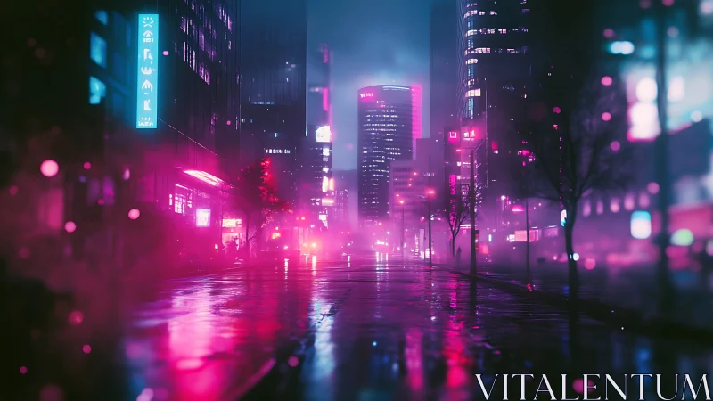 Neon drenched cyberpunk avenue rendered with wet street reflections