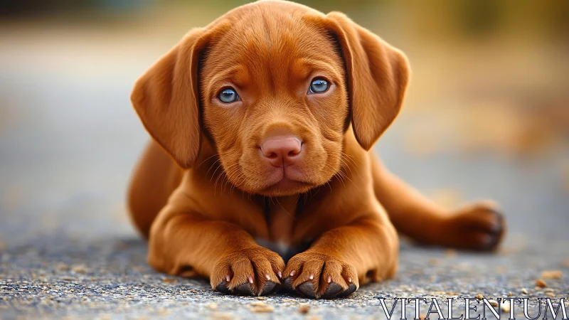 Brown puppy lying on pavement with shallow depth of field.