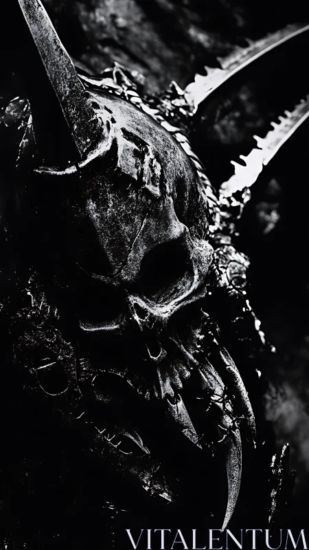 Barbed horned skull helm emerges from oppressive shadows.