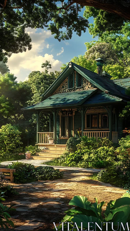Cozy woodland cottage porch tucked into golden morning light.