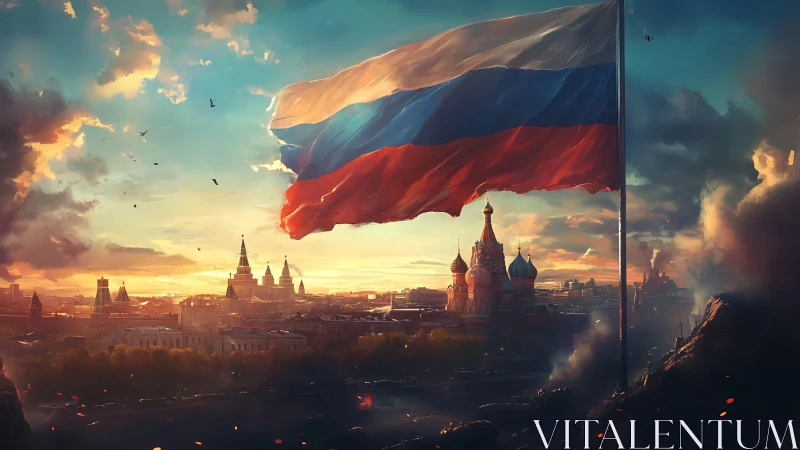 Russian tricolor flag above Moscow skyline at sunset.