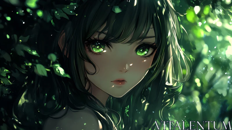 Forest-eyed girl quietly gathers light beneath green boughs