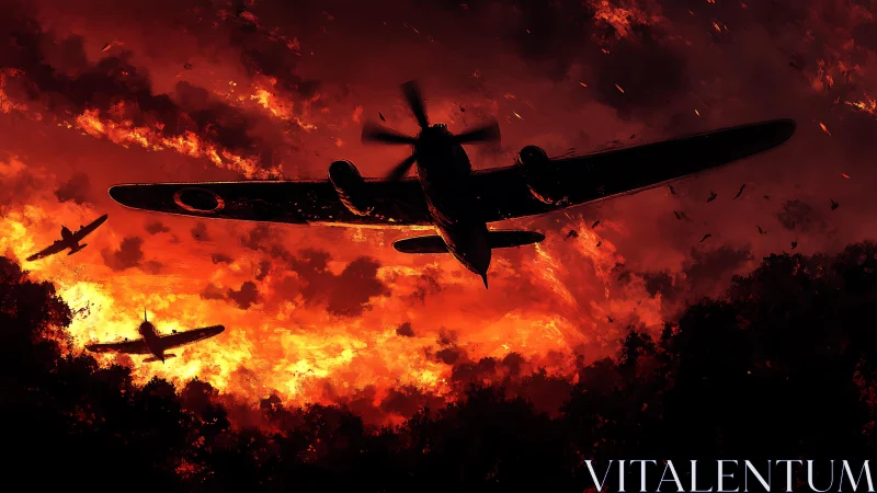 Military Aircraft in Aerial Combat Scene With Fire