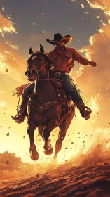 Sunset duststorms crown a lone cowboy riding into flame