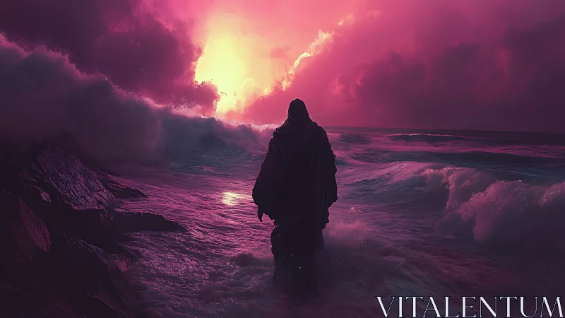 Shrouded wanderer crossing neon surf at apocalyptic dawn.