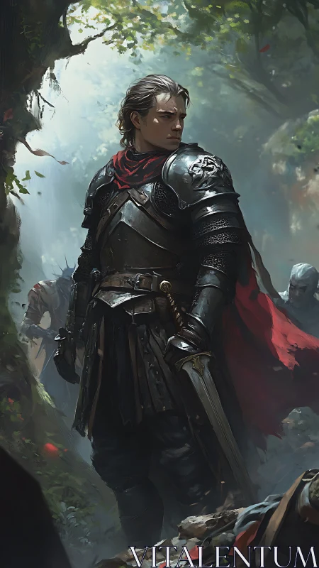 Forest-forged knight pausing between battles and whispers.