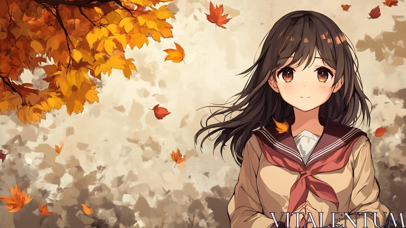 Autumn anime schoolgirl under swirling golden leaves.