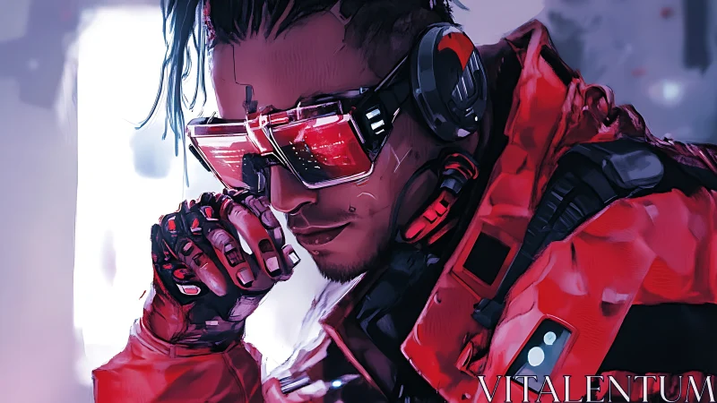 Neon visor strategist in red armor plotting silent futures.