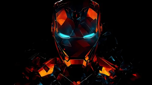 Geometric red armored helmet with blue illuminated eyes.