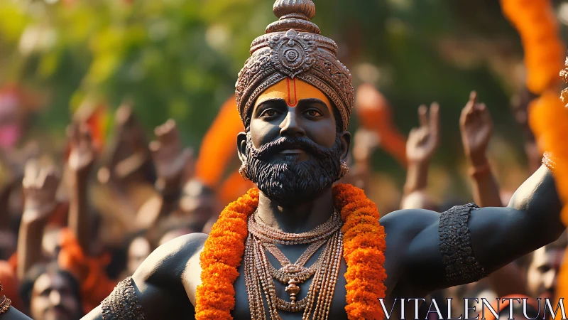 Hyperreal deity statue with marigold garlands in festival crowd.