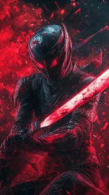 Scarlet armored ninja poised with blazing energy blade.