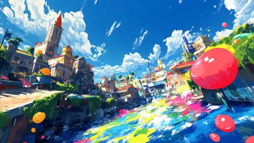 Colorful canal city glows under a bright and playful sky