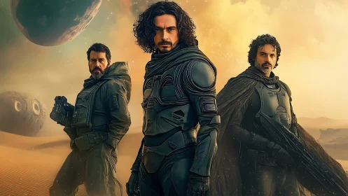 Desert warriors stand armored beneath twin alien worlds.