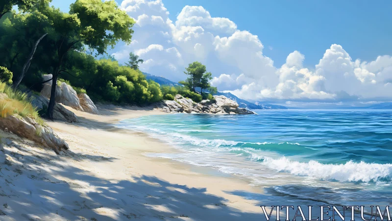 Tropical Beach Cove. Rocky Shore Meets Turquoise Waters.