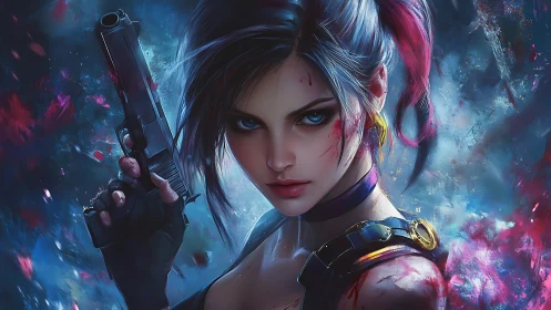 Digital portrait shows armed woman with stylized lighting