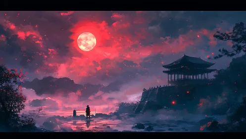 Digital painting of samurai under blood moon at cliffside temple.