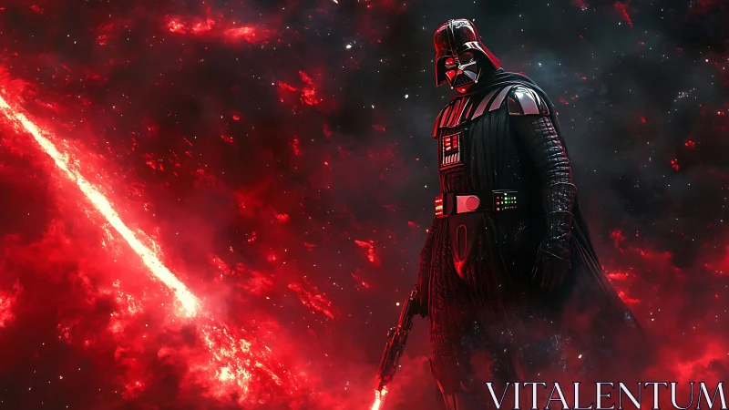Armored figure with red lightsaber in fiery nebular field.