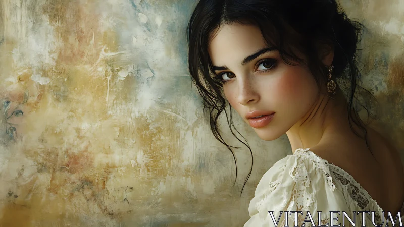 Soft gaze beneath gilded light on weathered painterly wall.