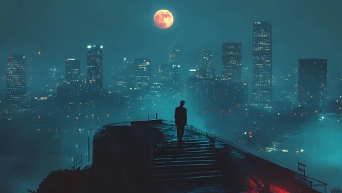 Cyberpunk skyline with lone figure on rooftop catwalk at night.