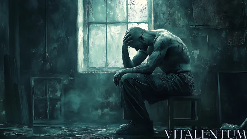 Torso of troubled man seated alone in dark empty room.