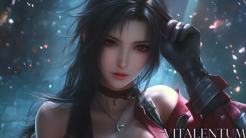 Warrior heroine gazes forward in a glowing fantasy haze