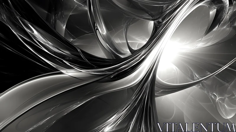 Monochrome curved metallic 3D structures intersect in bright light