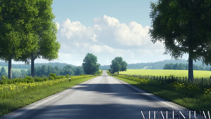 Linear country road receding through sunlit rural landscape