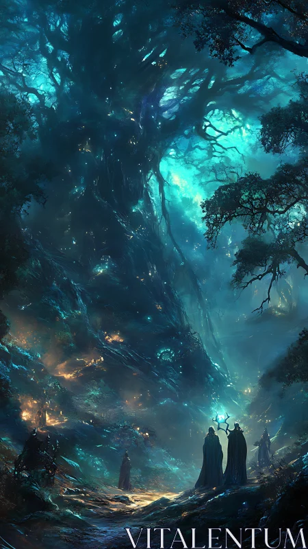 Arcane conclave beneath bioluminescent worldtree canopy