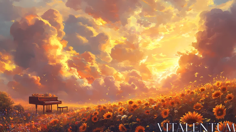 Sunlit grand piano in sunflower meadow under volumetric clouds