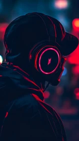 Hooded gamer silhouette wears neon headset in urban night