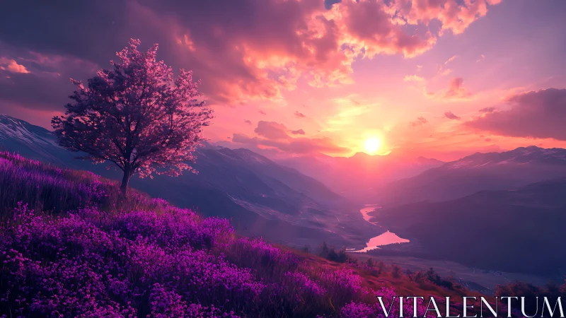 Lavender hillsides drift into a molten pink twilight river