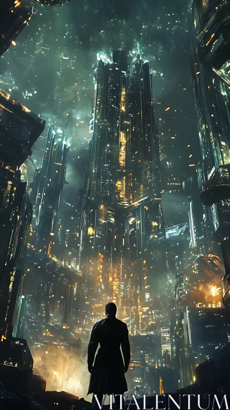 Lone figure facing towering neon futuristic cityscape at night.