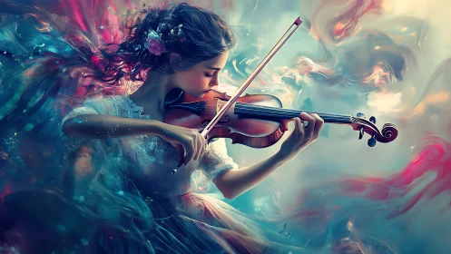 Dreamy violinist surrounded by swirling, colorful magic.