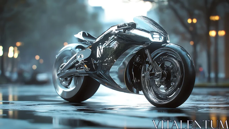 Futuristic streamlined motorcycle render stands on wet street