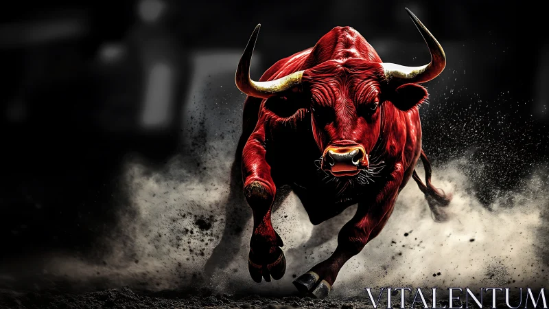 Dynamic red bull charge in high-contrast digital realism.